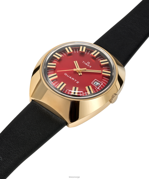 klokker | Q Timex 1972 nyutgitt 43x39 mm lærremsklokke menn B84BR67 gull-tone/svart/burgunder - Image 6