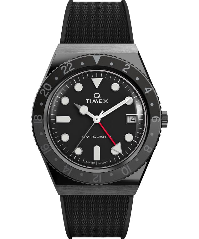 klokker | Q Timex gmt 38mm syntetisk gummiremsklokke menn B84BR30 gunmetall/svart - Image 1