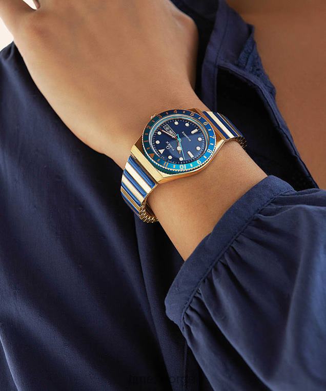 klokker | Q Timex malibu 36 mm ekspansjonsbåndklokke i rustfritt stål kvinner B84BR335 gull-tone/blå - Image 2