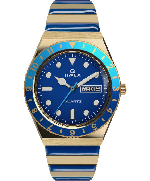 klokker | Q Timex malibu 36 mm ekspansjonsbåndklokke i rustfritt stål kvinner B84BR335 gull-tone/blå - Image 1