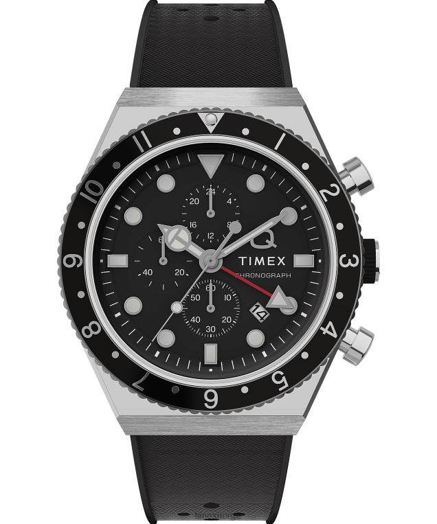 klokker | Q Timex tre tidssone kronograf 40mm syntetisk gummirem klokke menn B84BR62 rustfritt stål/svart - Image 1