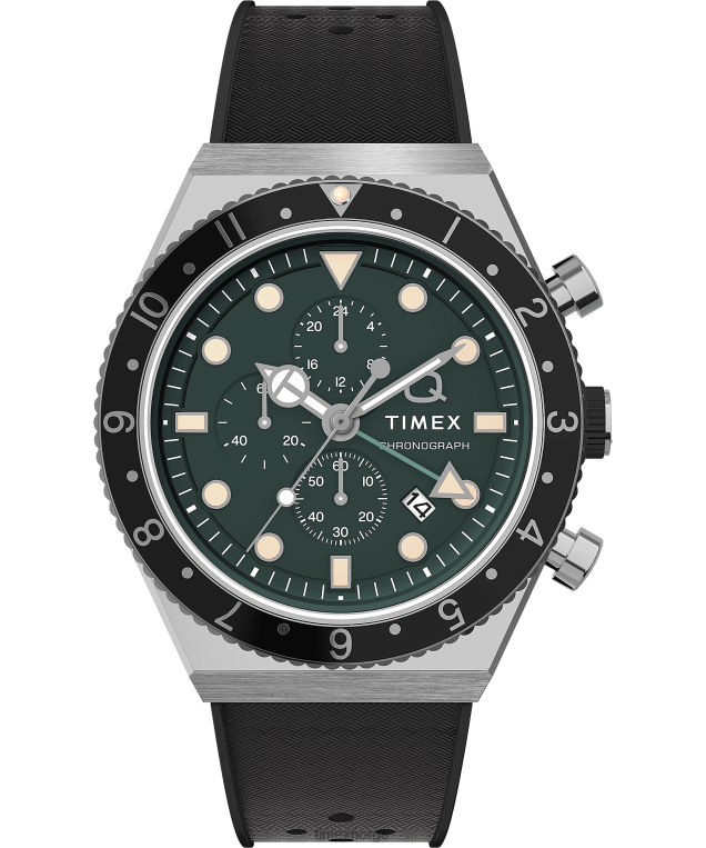 klokker | Q Timex tre tidssone kronograf 40mm syntetisk gummirem klokke menn B84BR63 rustfritt stål/svart/grønn - Image 1