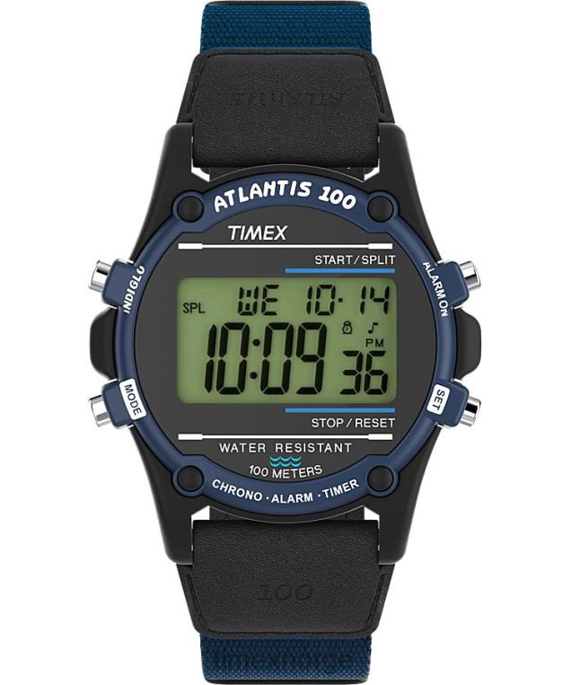 klokker | Timex atlantis 40 mm klokke i stoff og lærreim menn B84BR206 svart blå - Image 1