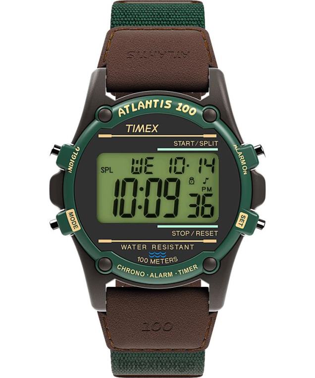 klokker_timex_atlantis_40_mm_klokke_i_stoff_og_laerreim_menn_b84br238_brun_gronn.jpg klokker | Timex atlantis 40 mm klokke i stoff og lærreim menn B84BR238 brun/grønn - Image 1