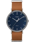 klokker | Timex fairfield slip-thru 41 mm lærremsklokke menn B84BR198 krom/brun/blå