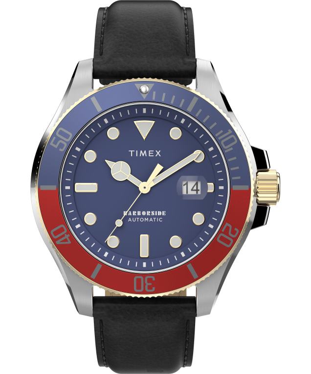 klokker | Timex Harbourside Coast automatisk 43mm lærremsklokke menn B84BR129 tofarget/brun/blå/annet - Image 1