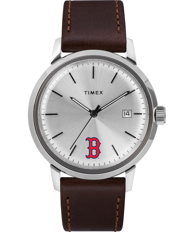 klokker | Timex marlin automatisk 40 mm lærremsklokke med boston red sox menn B84BR292 rustfritt stål/brun/sølv-tone - Image 1