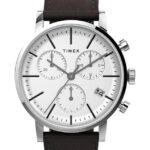 klokker | Timex midtown chronograph 40 mm lærremsklokke menn B84BR93 rustfritt stål/brun/hvit