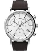 klokker | Timex midtown chronograph 40 mm lærremsklokke menn B84BR93 rustfritt stål/brun/hvit