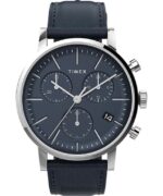 klokker | Timex midtown chronograph 40 mm lærremsklokke menn B84BR94 rustfritt stål/blått