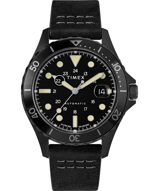 klokker | Timex navi xl automatisk 41mm lærremsklokke menn B84BR35 rustfritt stål/svart - Image 1