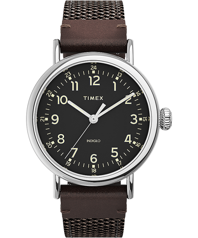 klokker | Timex standard 40 mm klokke i stoff og lærreim menn B84BR201 sølv-tone/brun/svart - Image 1