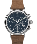 klokker | Timex standard kronograf 41mm lærremsklokke menn B84BR102 sølv-tone/tan/blå