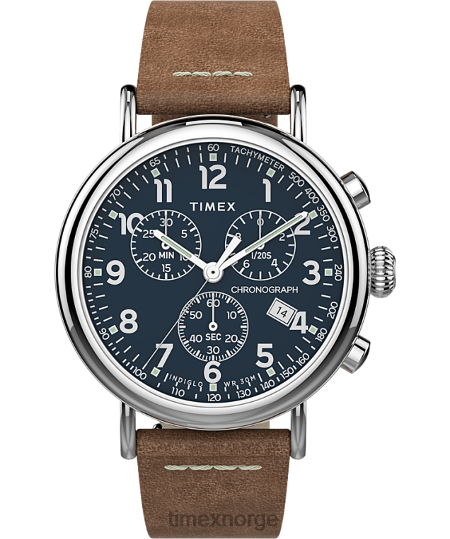klokker | Timex standard kronograf 41mm lærremsklokke menn B84BR102 sølv-tone/tan/blå - Image 1