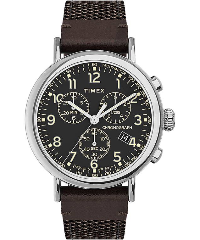 klokker | Timex standard kronograf 41mm stoff og lærreim klokke menn B84BR312 sølv-tone/brun/svart - Image 1