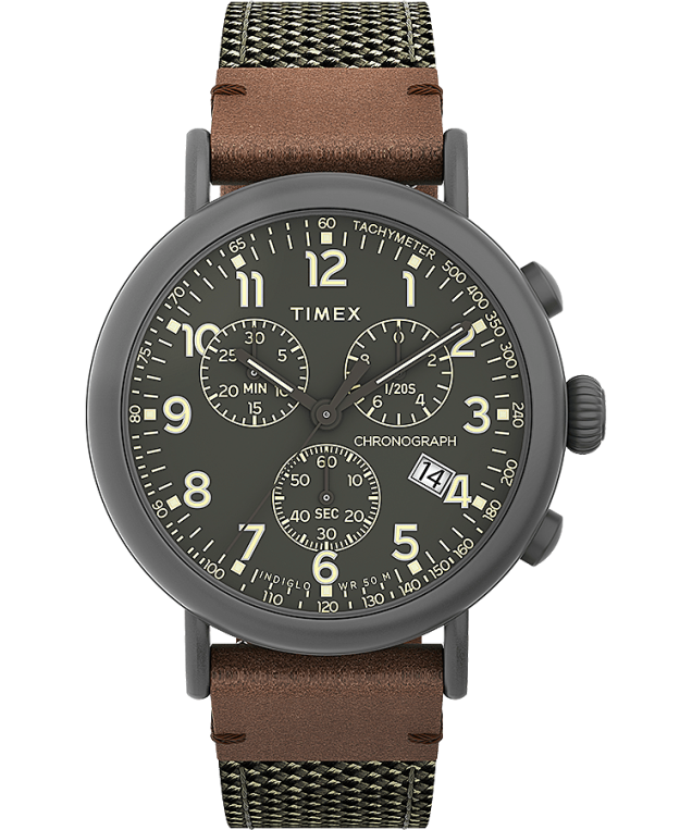 klokker | Timex standard kronograf 41mm stoff og lærreim klokke menn B84BR96 gunmetall/grønn - Image 1