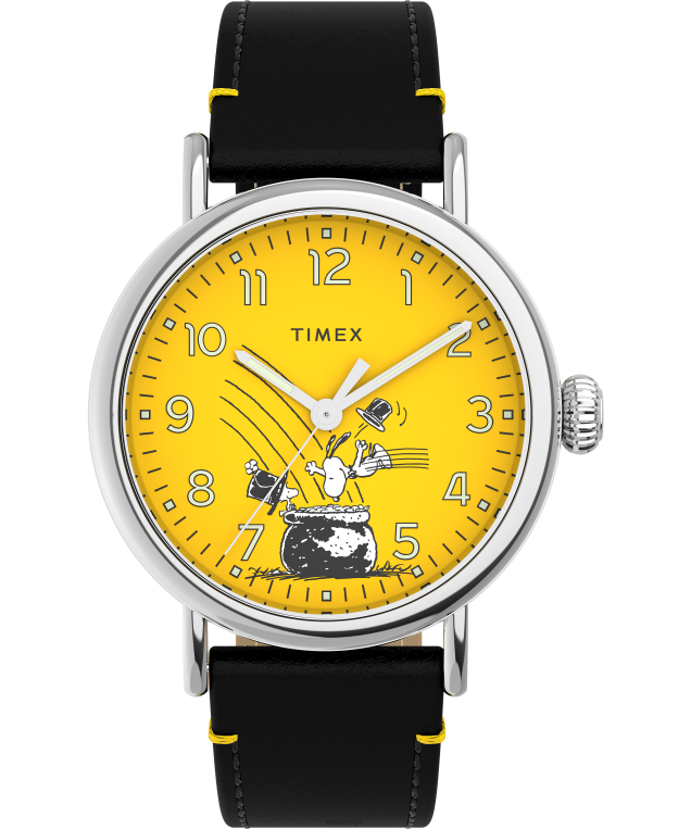 klokker | Timex standard x peanøtter med snoopy st patrick's day 40 mm lærremsklokke menn B84BR176 sølv-tone/svart/gul - Image 1