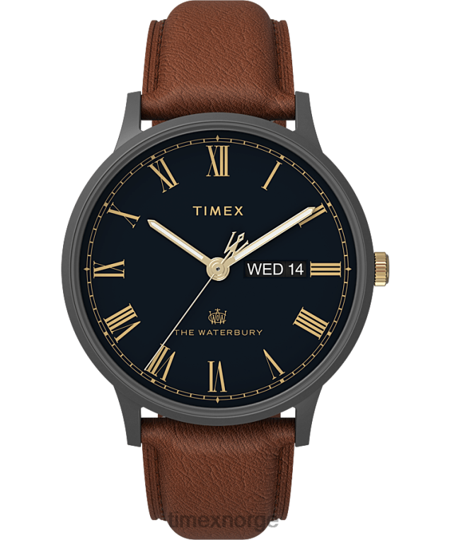 klokker | Timex waterbury classic day/date 40mm lærremsklokke menn B84BR230 gunmetal/brun/blå - Image 1