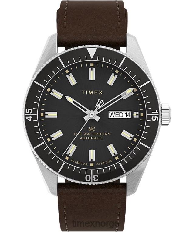 klokker | Timex waterbury dykke automatisk 40mm lærreim klokke menn B84BR33 rustfritt stål/brun/svart - Image 1