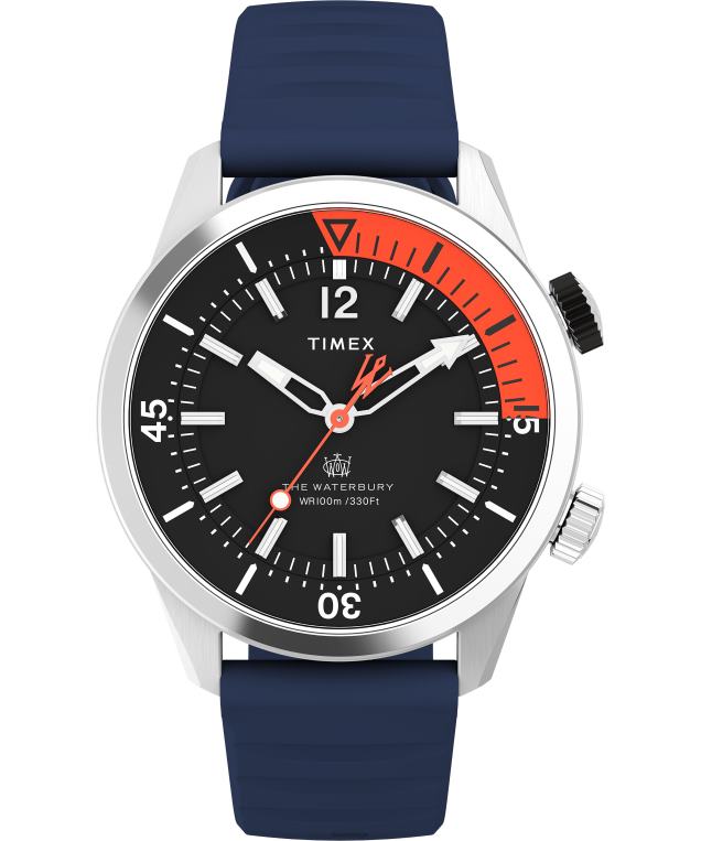 klokker | Timex waterbury dykkeklokke 41mm syntetisk gummirem menn B84BR120 rustfritt stål/blått/svart - Image 1