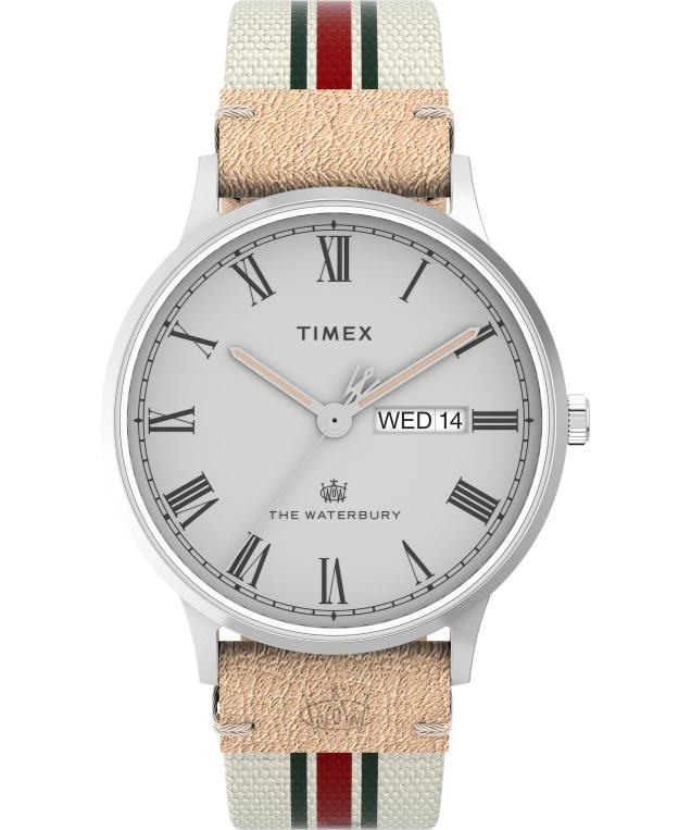 klokker | Timex waterbury klassisk 40 mm klokke med reim i blandet materiale menn B84BR205 rustfritt stål/hvit/grå - Image 1