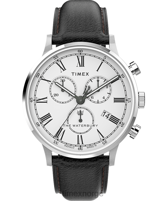 klokker | Timex waterbury klassisk kronograf 40 mm klokke med lærreim menn B84BR106 rustfritt stål/svart/hvit - Image 1
