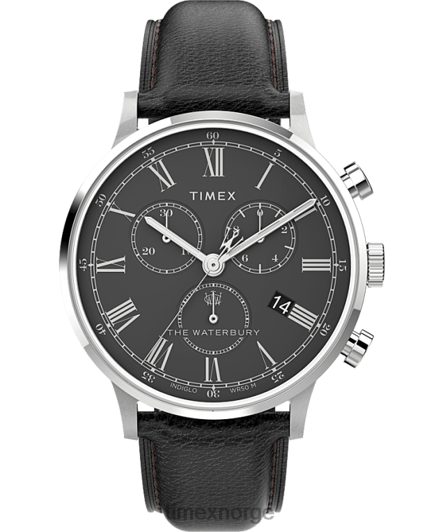 klokker | Timex waterbury klassisk kronograf 40 mm klokke med lærreim menn B84BR87 rustfritt stål/svart - Image 1