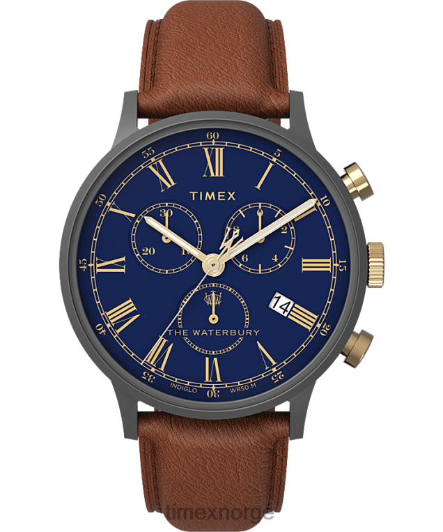klokker | Timex waterbury klassisk kronograf 40 mm klokke med lærreim menn B84BR92 gunmetal/brun/blå - Image 1