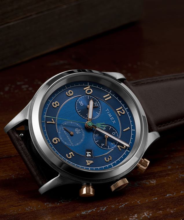 klokker | Timex waterbury tradisjonell kronograf 42 mm klokke med lærreim menn B84BR83 rustfritt stål/blått - Image 2