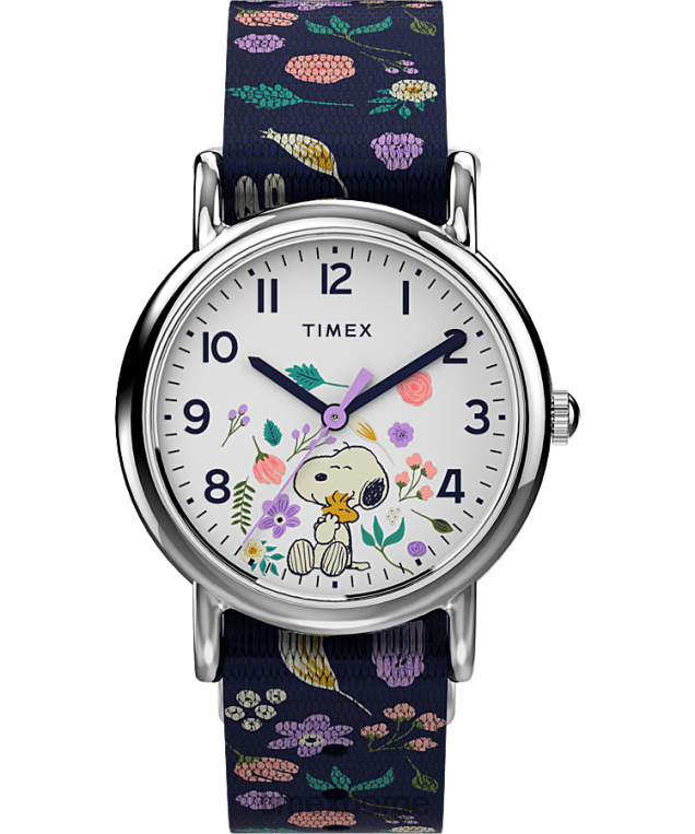 klokker | Timex weekender x peanuts floral 31mm stoffremseklokke kvinner B84BR399 sølv-tone/blå/hvit - Image 1