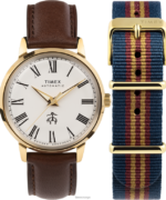 klokker | Timex x brooks brothers gulltone marlin automatisk 38mm lærreim og stoffremsett menn B84BR175 rustfritt stål/brun/kremfarget