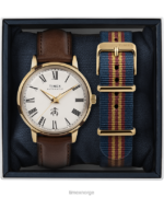 klokker | Timex x brooks brothers gulltone marlin automatisk 38mm lærreim og stoffremsett menn B84BR175 rustfritt stål/brun/kremfarget - Image 5