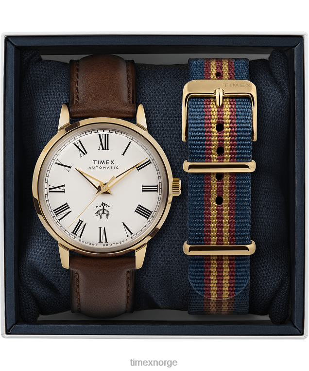 klokker | Timex x brooks brothers gulltone marlin automatisk 38mm lærreim og stoffremsett menn B84BR175 rustfritt stål/brun/kremfarget - Image 5