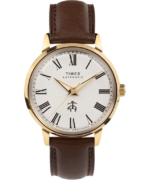 klokker | Timex x brooks brothers gulltone marlin automatisk 38mm lærreim og stoffremsett menn B84BR175 rustfritt stål/brun/kremfarget - Image 6