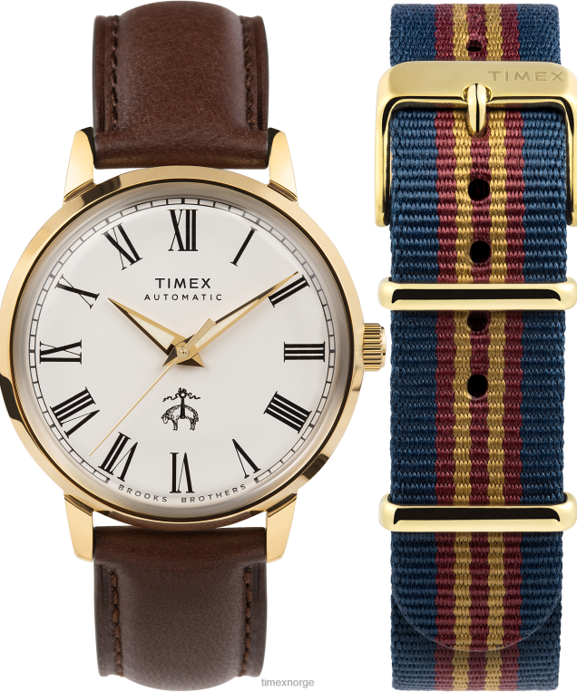 klokker | Timex x brooks brothers gulltone marlin automatisk 38mm lærreim og stoffremsett menn B84BR175 rustfritt stål/brun/kremfarget - Image 1