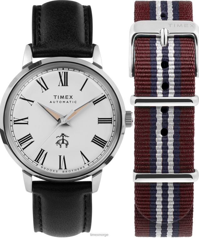 klokker | Timex x brooks brothers marlin automatisk 38mm lærreim og stoffremsett menn B84BR174 rustfritt stål/svart/kremfarget - Image 1