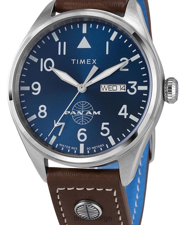 klokker | Timex x pan am day-date 42mm lærreim klokke menn B84BR81 rustfritt stål/brun/blå - Image 2