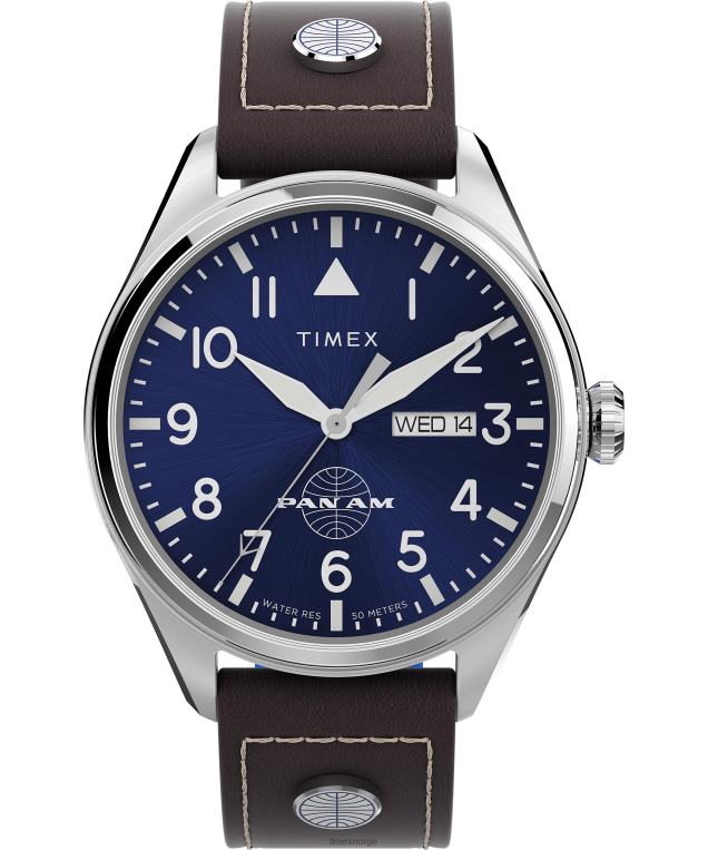 klokker_timex_x_pan_am_day_date_42mm_laerreim_klokke_menn_b84br81_rustfritt_stal_brun_bla.jpg klokker | Timex x pan am day-date 42mm lærreim klokke menn B84BR81 rustfritt stål/brun/blå - Image 1
