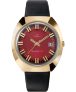 klokker | Q Timex 1972 nyutgitt 43x39 mm lærremsklokke menn B84BR67 gull-tone/svart/burgunder