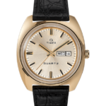 klokker | Q Timex 1975 nyutgivelse dags dato 38 mm lærreim klokke menn B84BR313 gull-tone/svart/champagne