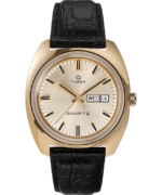 klokker | Q Timex 1975 nyutgivelse dags dato 38 mm lærreim klokke menn B84BR313 gull-tone/svart/champagne
