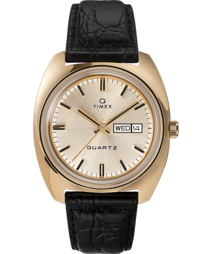 klokker | Q Timex 1975 nyutgivelse dags dato 38 mm lærreim klokke menn B84BR313 gull-tone/svart/champagne