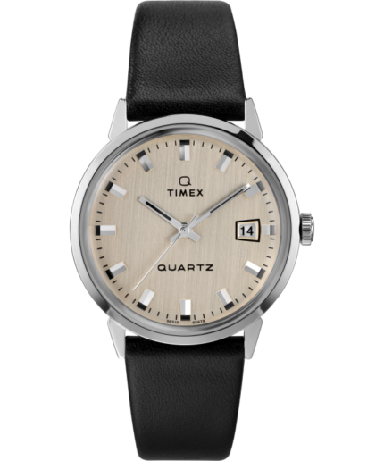 klokker | Q Timex 1978 gjenutgivelsesdato 35 mm lærremsklokke menn B84BR294 rustfritt stål/svart/sølv-tone