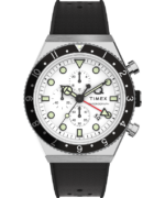 klokker | Q Timex tre tidssone kronograf 40mm syntetisk gummirem klokke menn B84BR64 rustfritt stål/svart/hvit