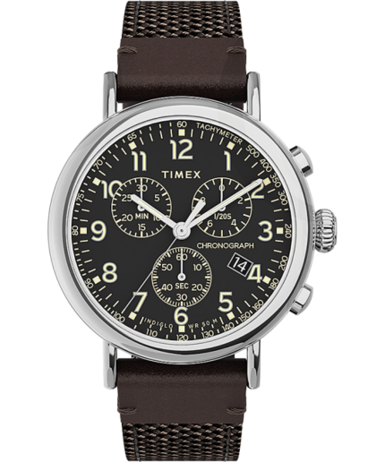 klokker | Timex standard kronograf 41mm stoff og lærreim klokke menn B84BR312 sølv-tone/brun/svart
