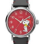 klokker | Timex standard x peanøtter med snoopy holiday 40 mm lærreimklokke menn B84BR210 sølv-tone/svart/rød